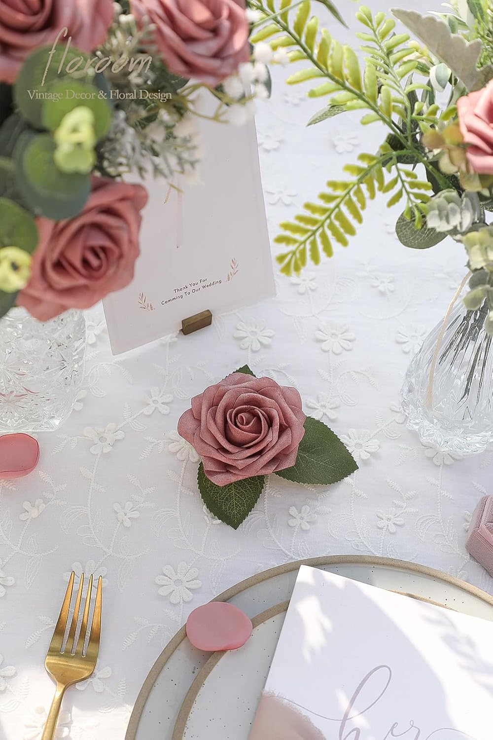 Floroom Artificial Flowers 50pcs Real Looking Dusty Rose Foam Fake Roses with Stems for DIY Wedding Bouquets Bridal Shower Centerpieces Floral Arrangements Party Tables Home Decorations