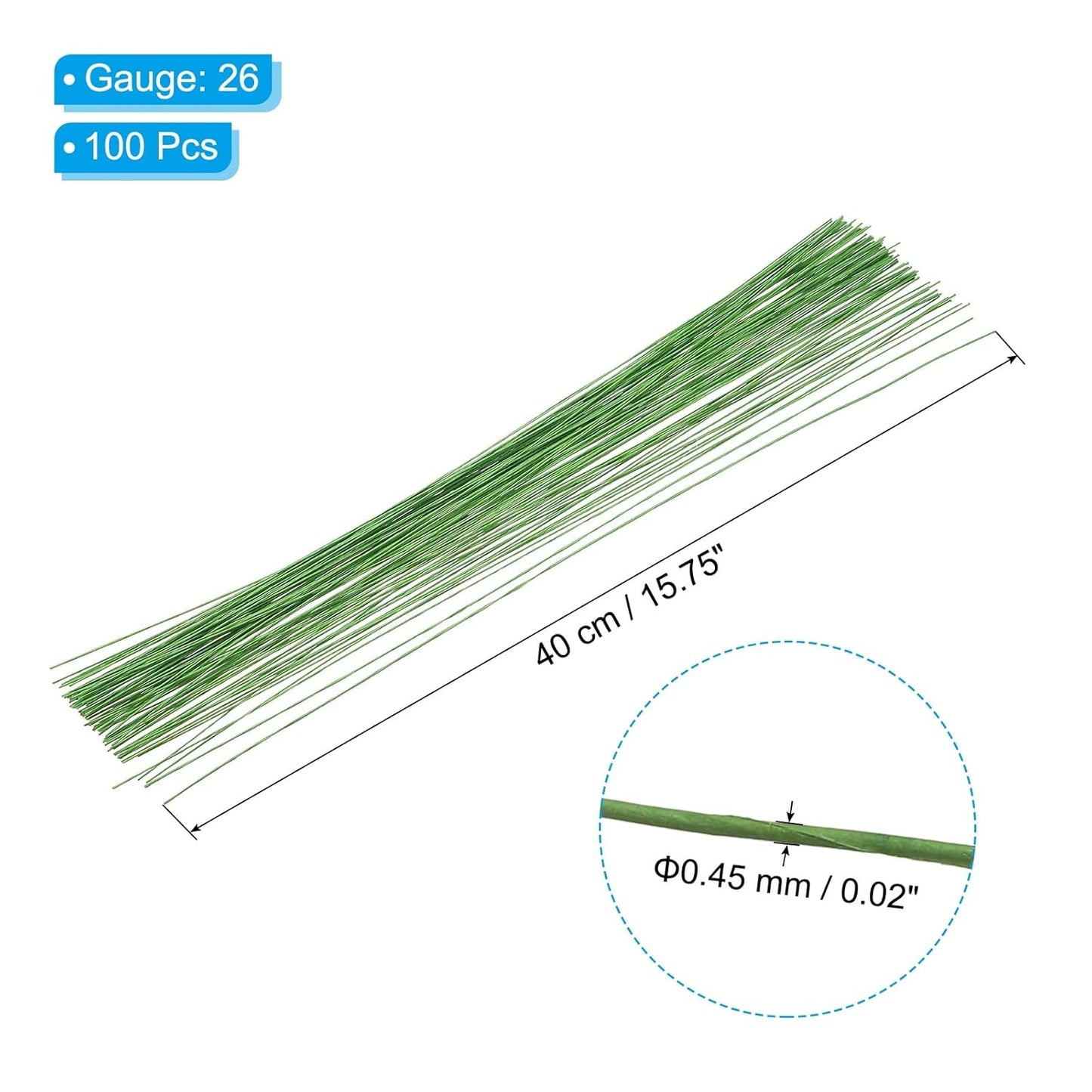 PATIKIL 26 Gauge 16" Floral Stem Wire, 100 Pcs Paper Wrapped Iron Artificial Flower Stem Accessories for DIY Bouquet Stem and Craft Decoration, Light Green