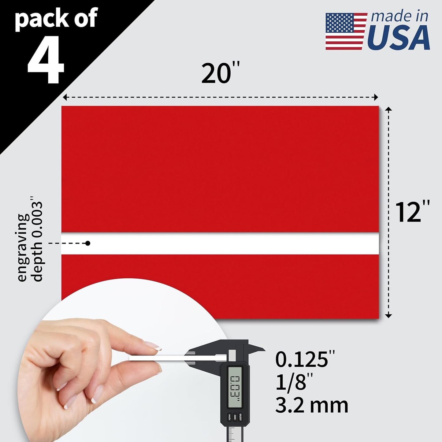 Trotec TroLase | 12"x20"x1/8", 4 Pcs | Red/White | 2 Ply | Modified Acrylic | Laser Engraving Double Color Plastic Sheet | Engraving Blanks for Laser, Saw, Guillotine | Made in USA