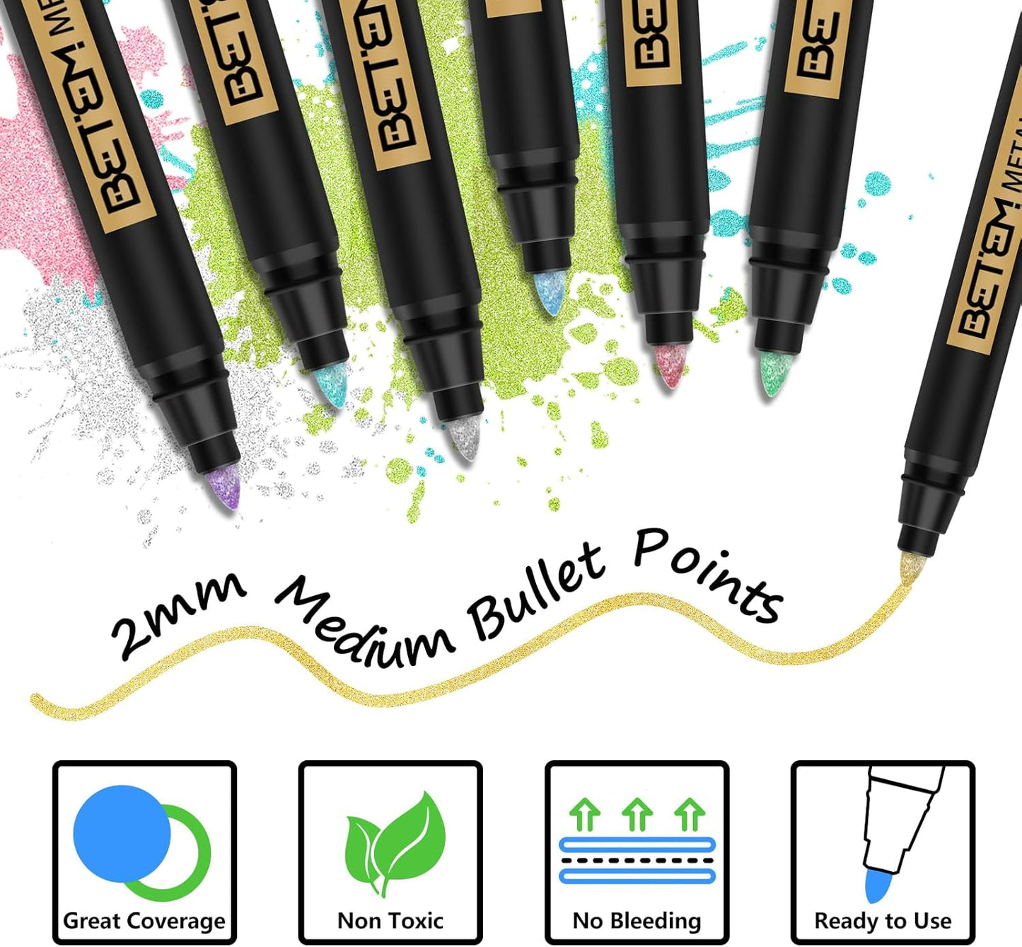Betem Metallic Paint Markers, 18 Colors Acrylic Paint Metallic Markers for Black Paper, 2mm Medium Tips Glitter Pens Scrapbooking Supplies, Pumpkin Painting Kit for Rock Painting, Cards, Photo Albums