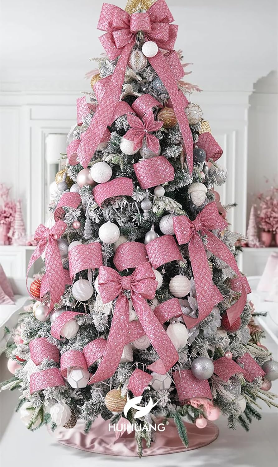 HUIHUANG Pink Wired Christmas Ribbon 4 inch Light Pink Glitter Wired Ribbon Diamond Mesh Wire Ribbon for X-mas Tree Decorations, Wreaths, Garland, Large Bows Making, Home Decor -10 Yards