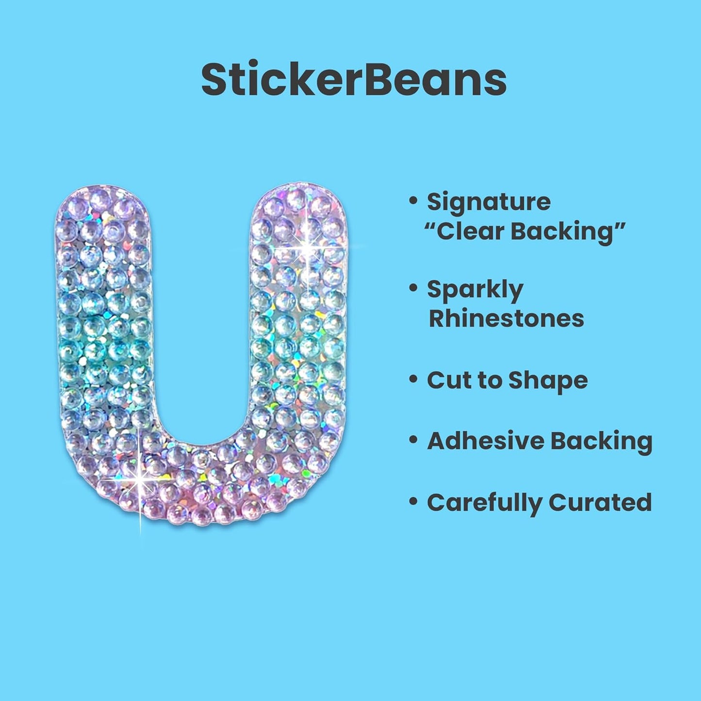 StickerBeans® Rhinestone Alphabet Letter Sticker U - Unique Sparkly Design 2” x 2” Cut-to-Shape Adhesive - Personalization, Collecting, Gifting, Scrapbooking, Decorating Laptops, Phone Cases, All Ages