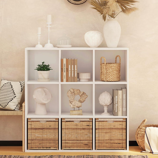 Wooden 9 Cube Storage Organizer with Closed Back Panel,White Cube Shelf Heavy Duty Cubby Storage Organizer with Compartments for Living,Display Shelf,Bookshelf
