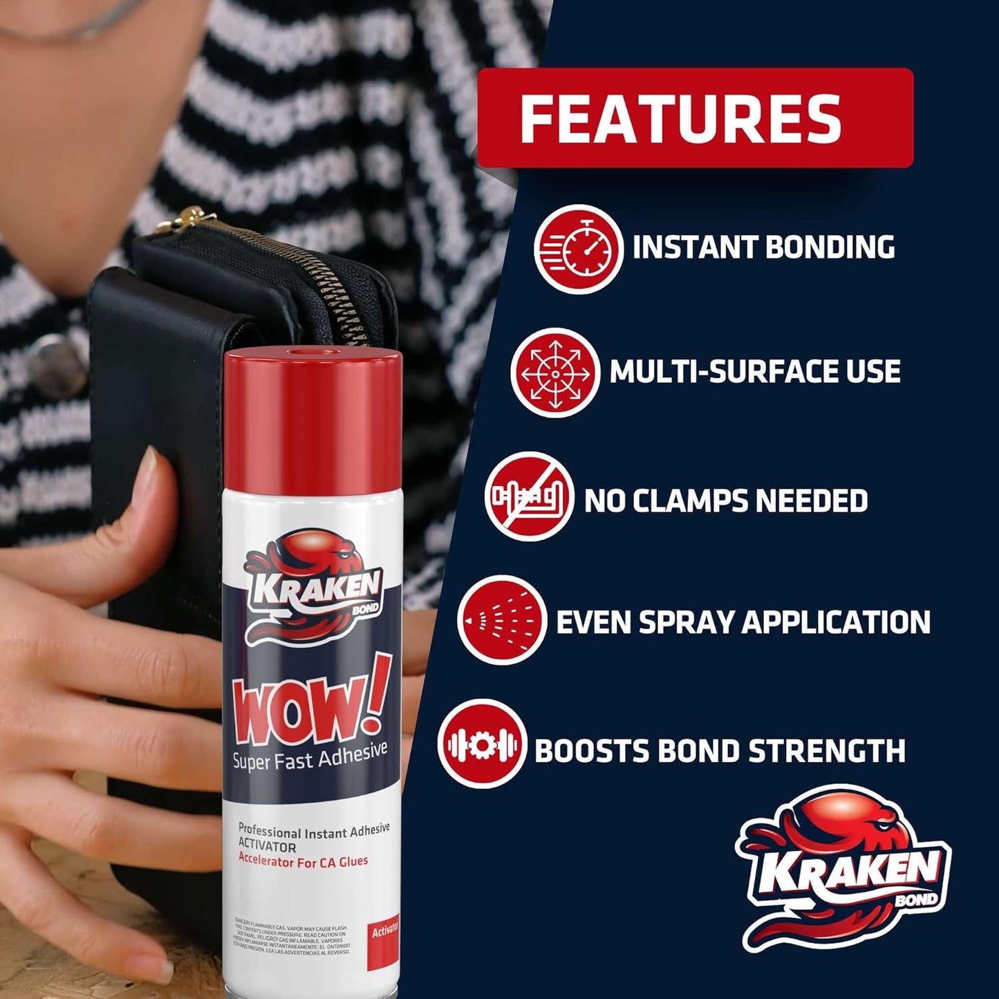 KRAKEN BOND Wow! Spray Adhesive Activator(1X16.9 Oz.) - Cyanoacrylate Super Glue Accelerator Spray for Plastic, Metal, Wood & PVC, CA Glue Activator | 1 Pack