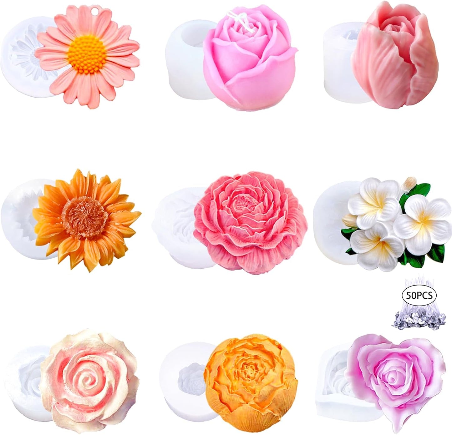 9 PCS Flower Candle Molds Rose Tulip Silicone Candle Mold Flower Shapes Moldes De Rosas Silicona para Velas for Soy Wax, Beeswax, Candle Making, Resin Craft