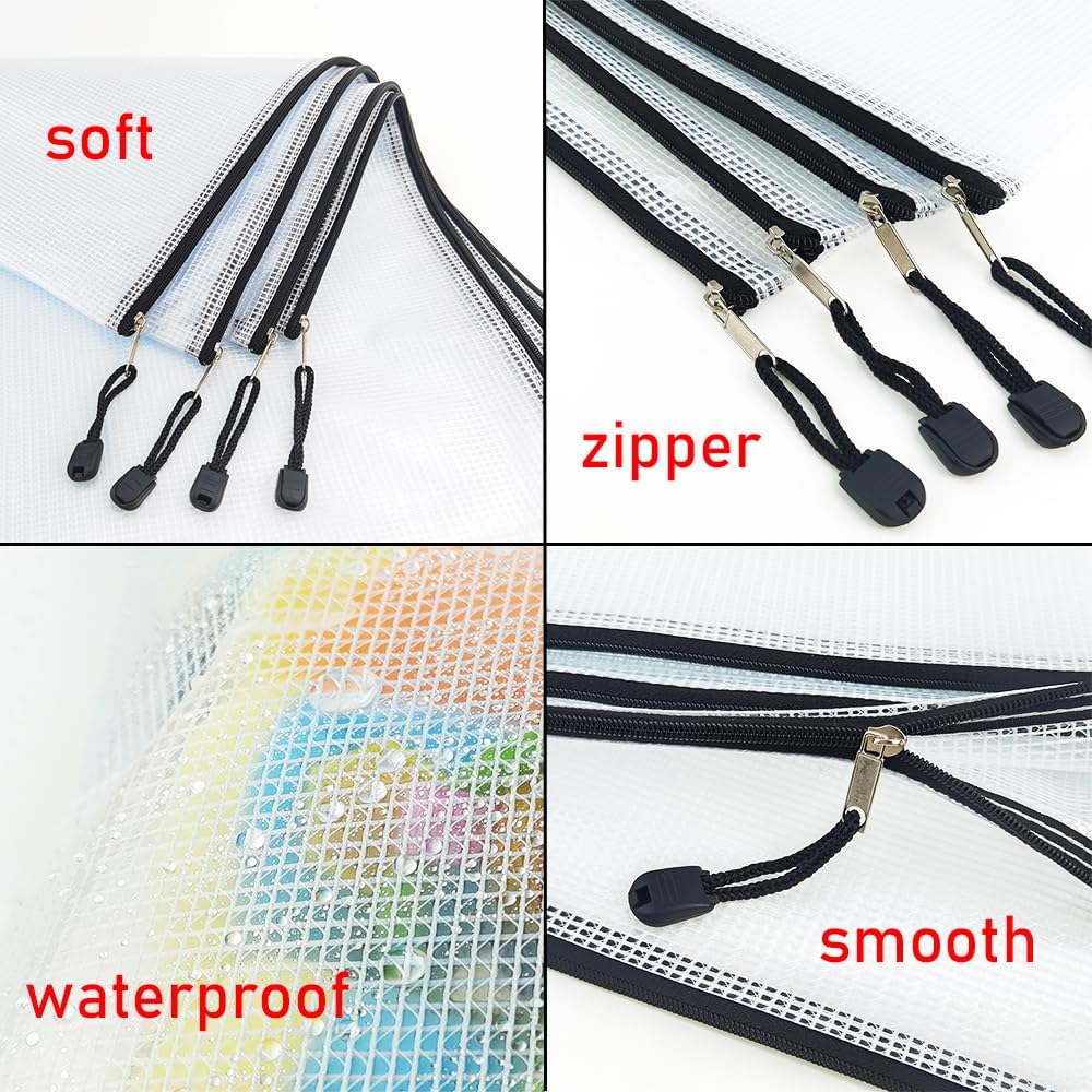 AUSTARK 10 Pcs Zipper File Bags, Waterproof Plastic Mesh Pouch for Office School, Board Game Storage Bags (B5 Size 11.4''x8.2'', White and Black)