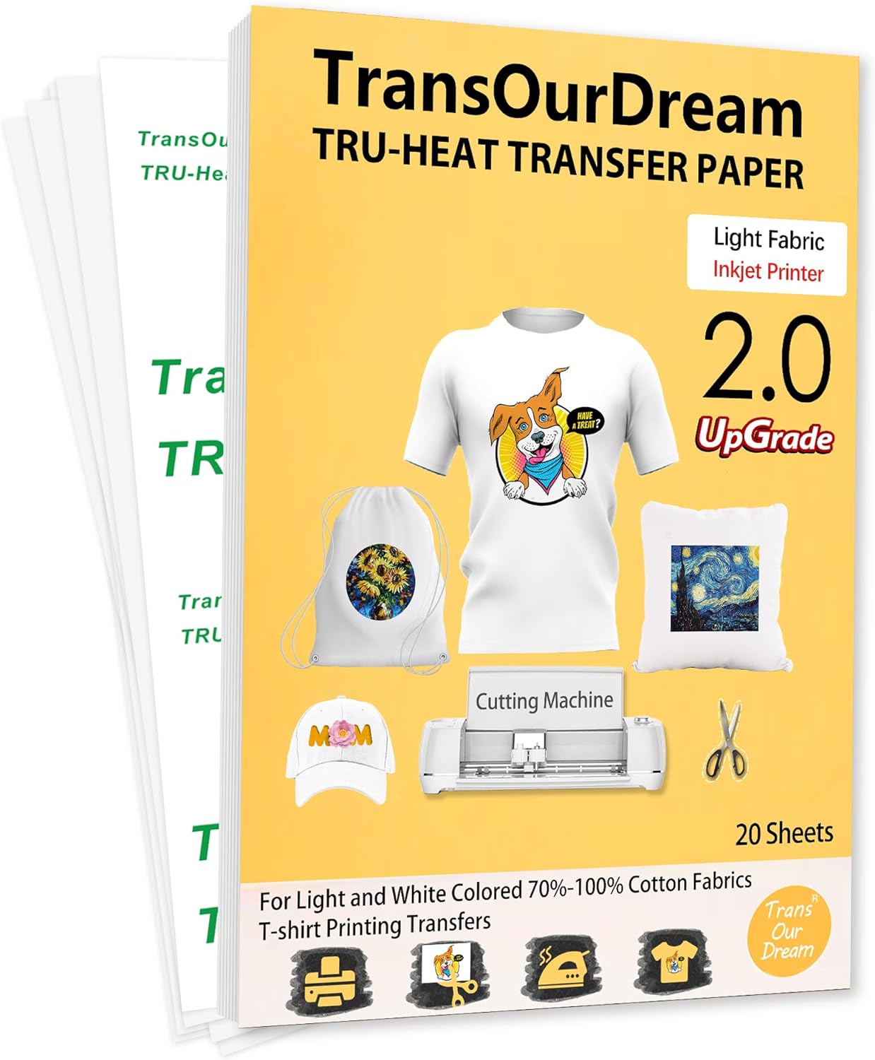 TransOurDream Upgraded Iron on Heat Transfer Paper for T Shirts (20 Sheets, 8.5x11") Iron on Transfers for Light Fabric Printable Heat Transfer Vinyl for Inkjet Printer (TOD-4)
