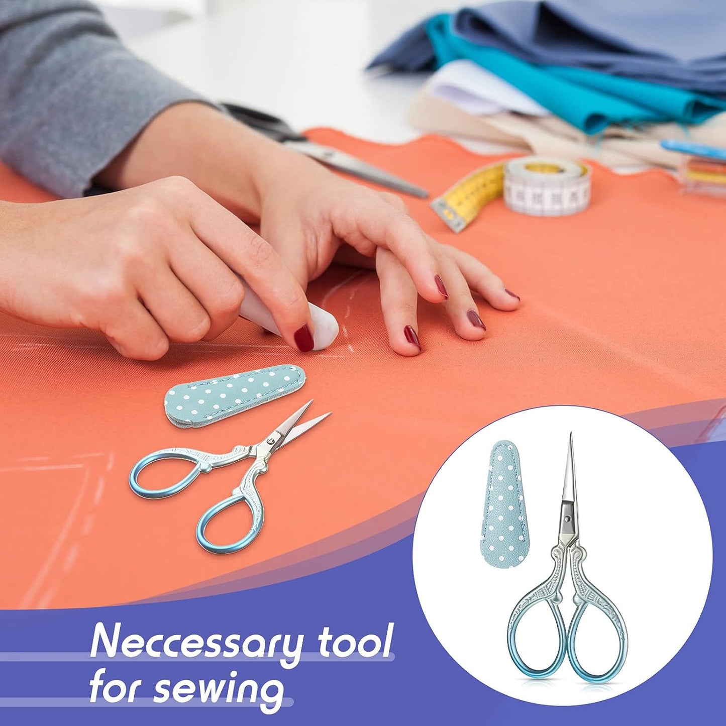 Honoson 4 Pcs Sewing Embroidery Scissors with 4 Pcs Artificial Leather Cover 3.6 Inch Stainless Steel Stork Scissors Vintage Embroidery for Needlework Manual Sewing Handicraft(Fresh Colors)