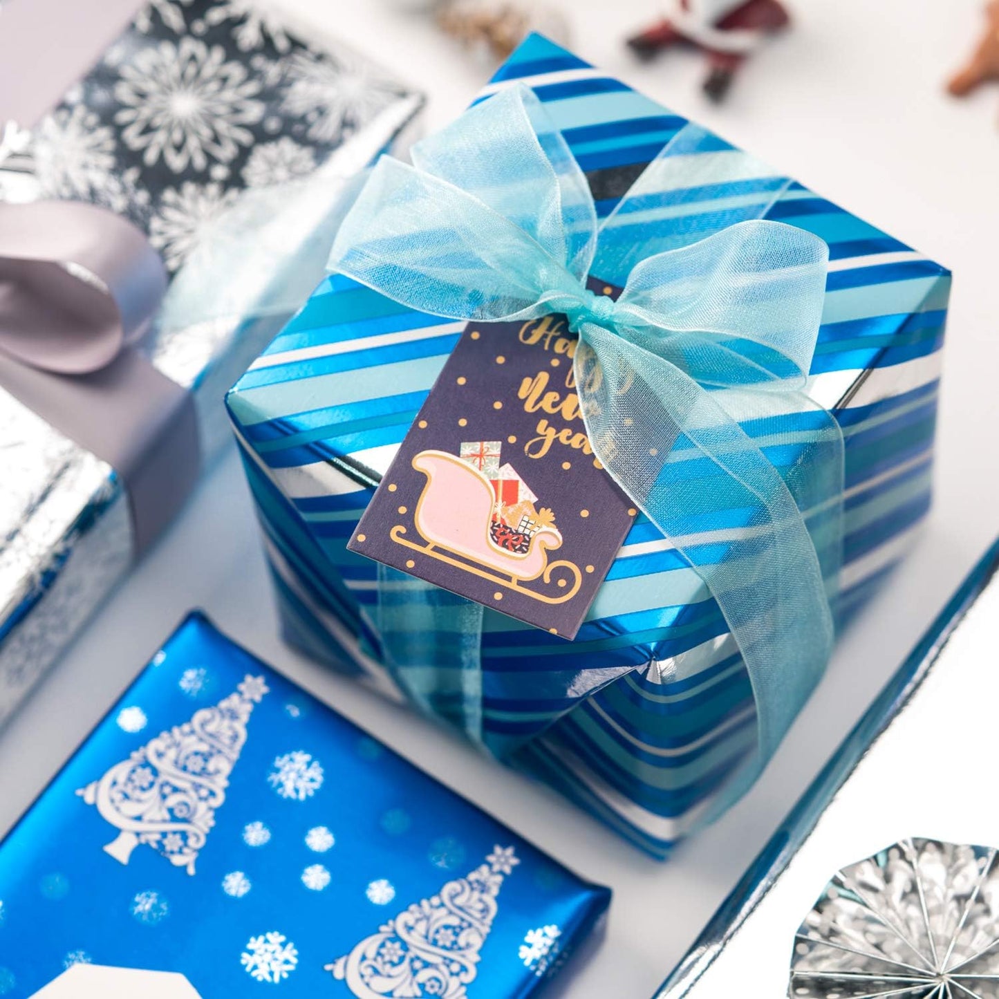 WRAPAHOLIC 30 Inch Christmas Wrapping Paper Roll - Jumbo Roll Blue and Silver Snowflake and Stripe Set with Metallic Foil Shine - 4 Rolls - 30 Inch x 120 Inch Per Roll