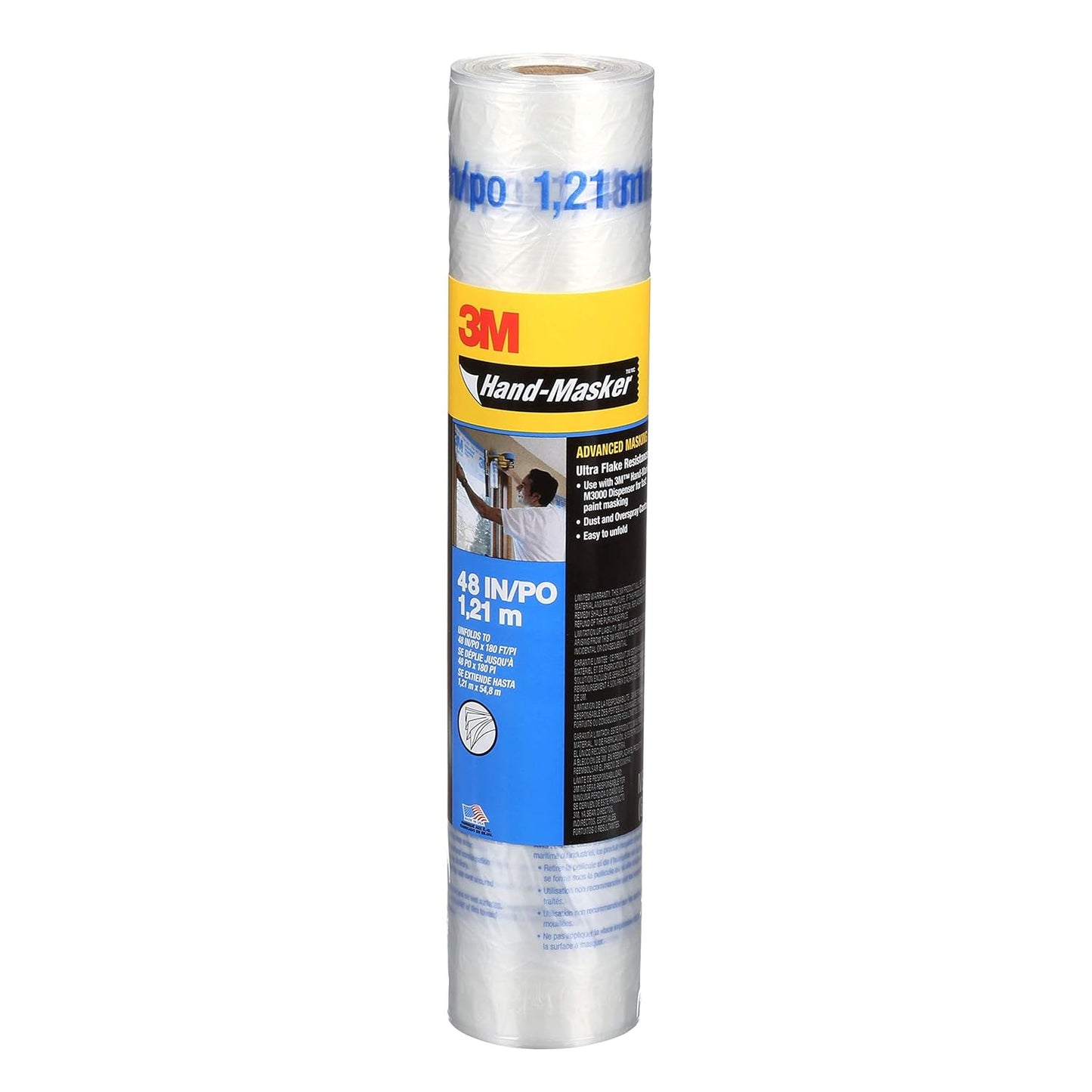 3M Hand Masker Advanced Masking Film, 48 in x 180 ft, Static Cling Keeps Film in Place, Prevents Liquids From Bleeding Through, Flake Resistant, For Indoors & Outdoors Use, 1 Roll (AMF48)