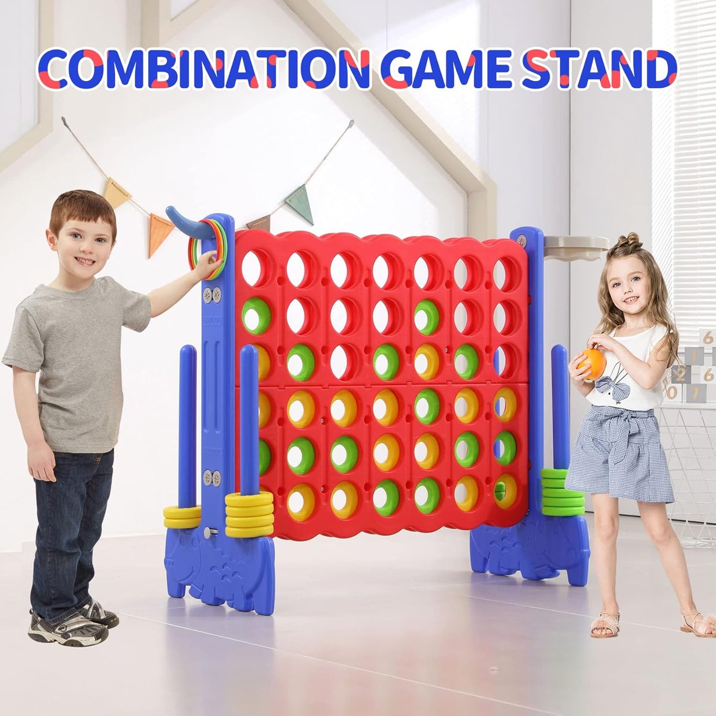 UNICOO Giant 4 in A Row Game with Carry Bag, Basketball Hoop, Ring Toss, 4-to-Score Game, Large Outdoor Yard, Parties & Gatherings (Blue & Red)
