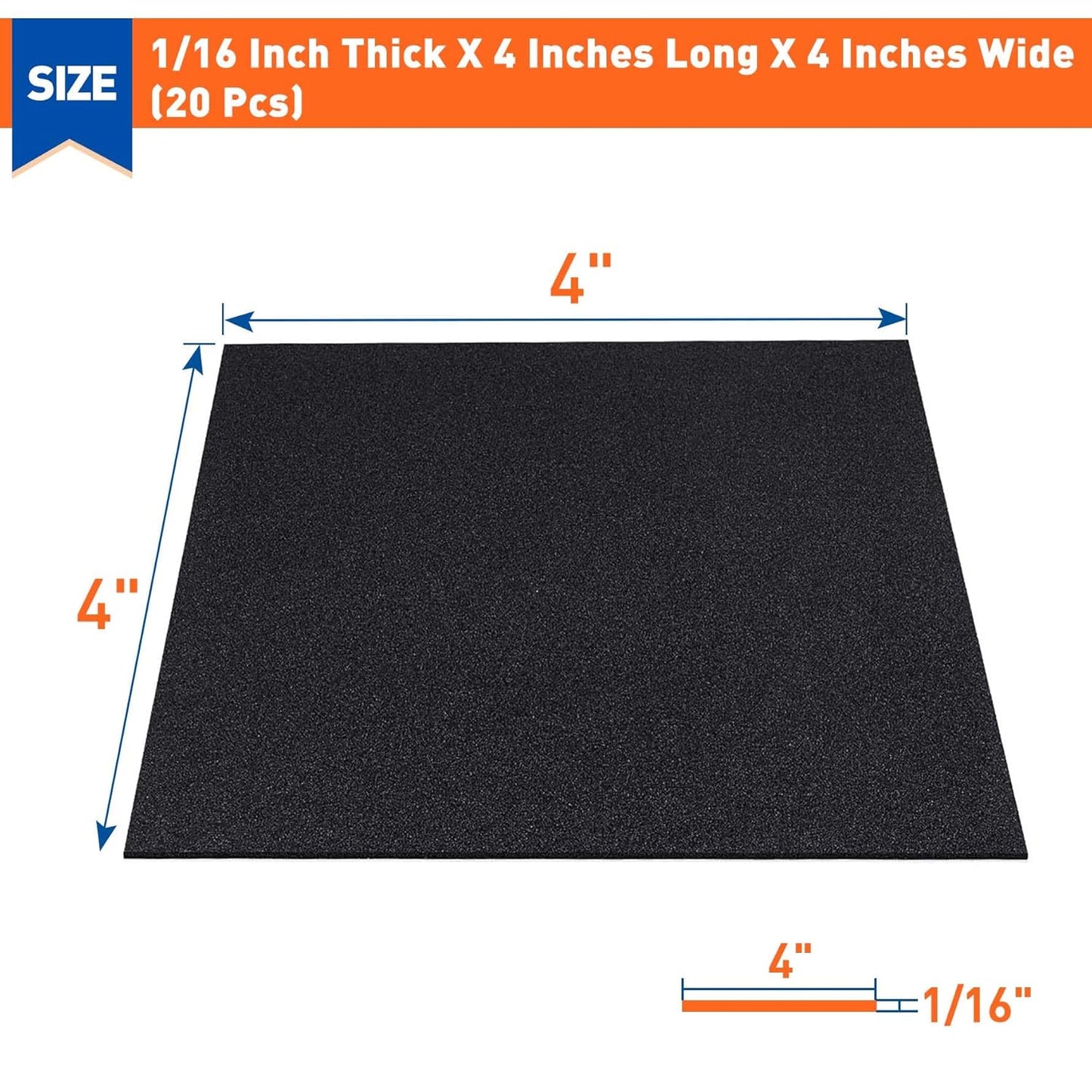 MAGZO 20Pcs Adhesive Foam Padding 1/16 in Thick X 4 in X 4 in,Closed Cell Foam Sheets Neoprene Rubber Self Stick Pads Anti Vibration Pads,Black (4in x 4in x 1/16in, 20Pcs)