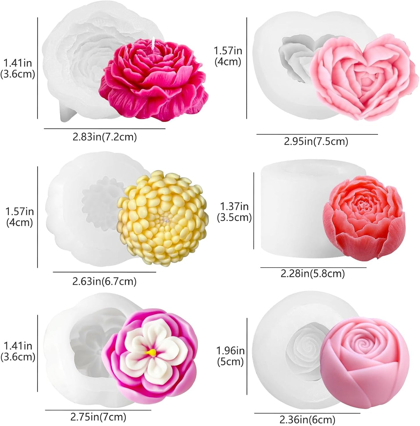 6PCS Flower Silicone Molds Set,3D Rose Flower Silicone Fondant Mold Valentine Day Silicone for Candle Making Molds Cake Mold for Chocolate Candy Pastry Dessert Resin Craft