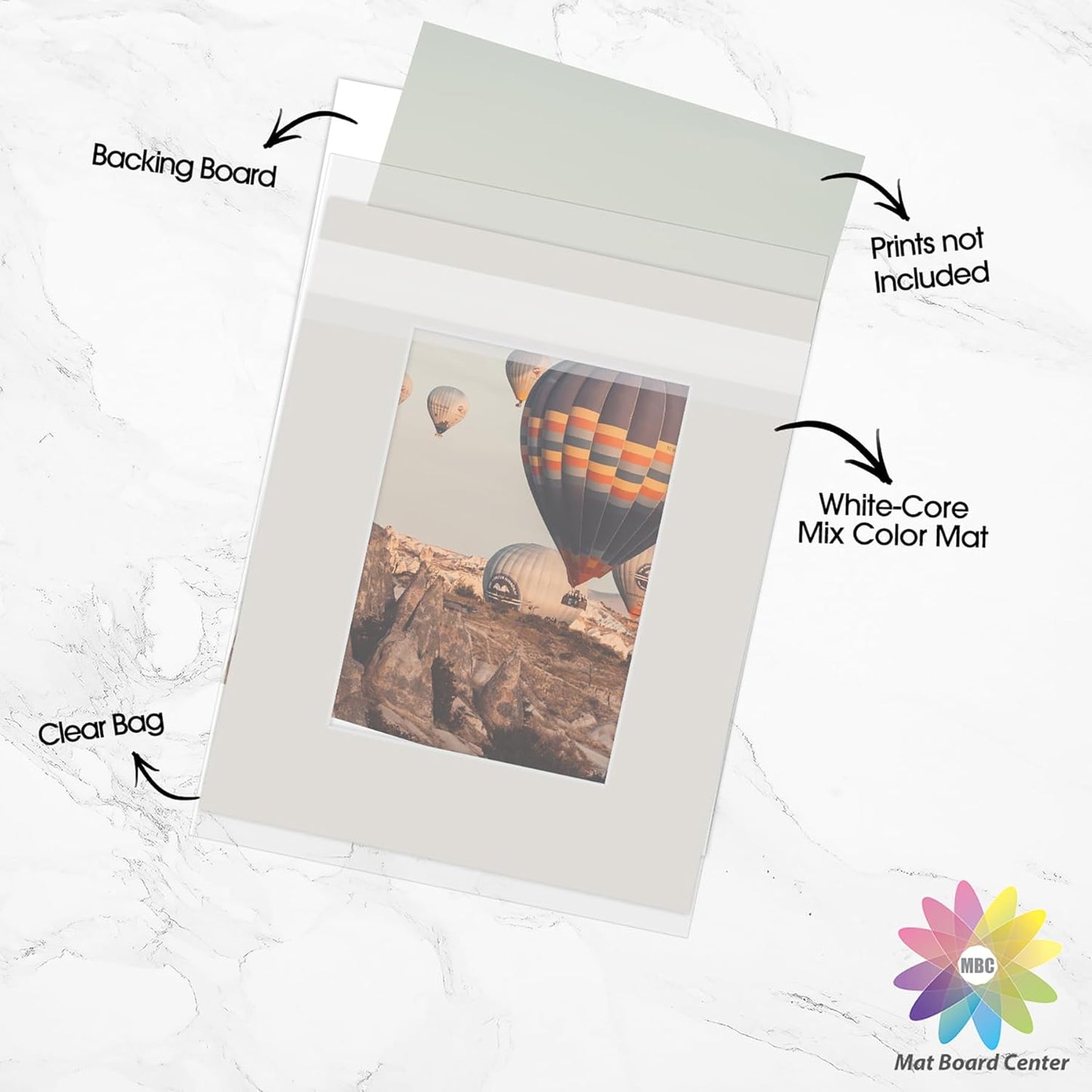 Mat Board Center, Pack of 50, 8x10 for 5x7 Mix Color Picture Mat Sets - Acid Free, 4-ply Thickness, Bevel Pre-Cut White Core - Includes Backing Boards and Clear Bags - for Pictures, Photos, Framing