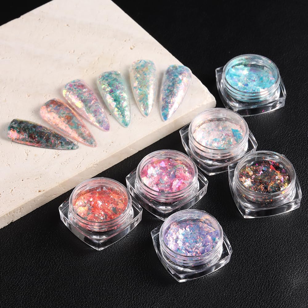Holographic Iridescent Nail Art Glitter Flakes, 6 Colors Sparkly Ultra-Thin Aurora Foil Nail Art Flakes Designs, Opal Powder Nail Glitters Sequins Acrylic Supplies DIY Manicure Decorations