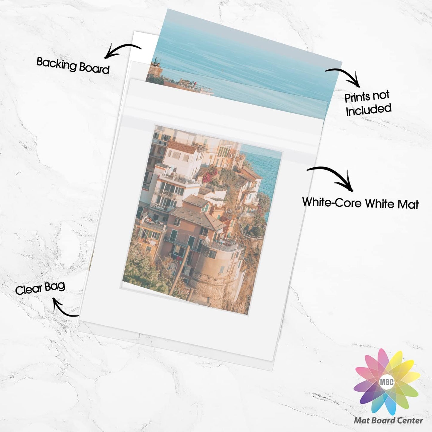 Mat Board Center, Pack of 10, 16x20 for 11x14 White Picture Mat Sets - Acid Free, 4-ply Thickness, Bevel Pre-Cut White Core - Includes Backing Boards and Clear Bags - for Pictures, Photos, Framing