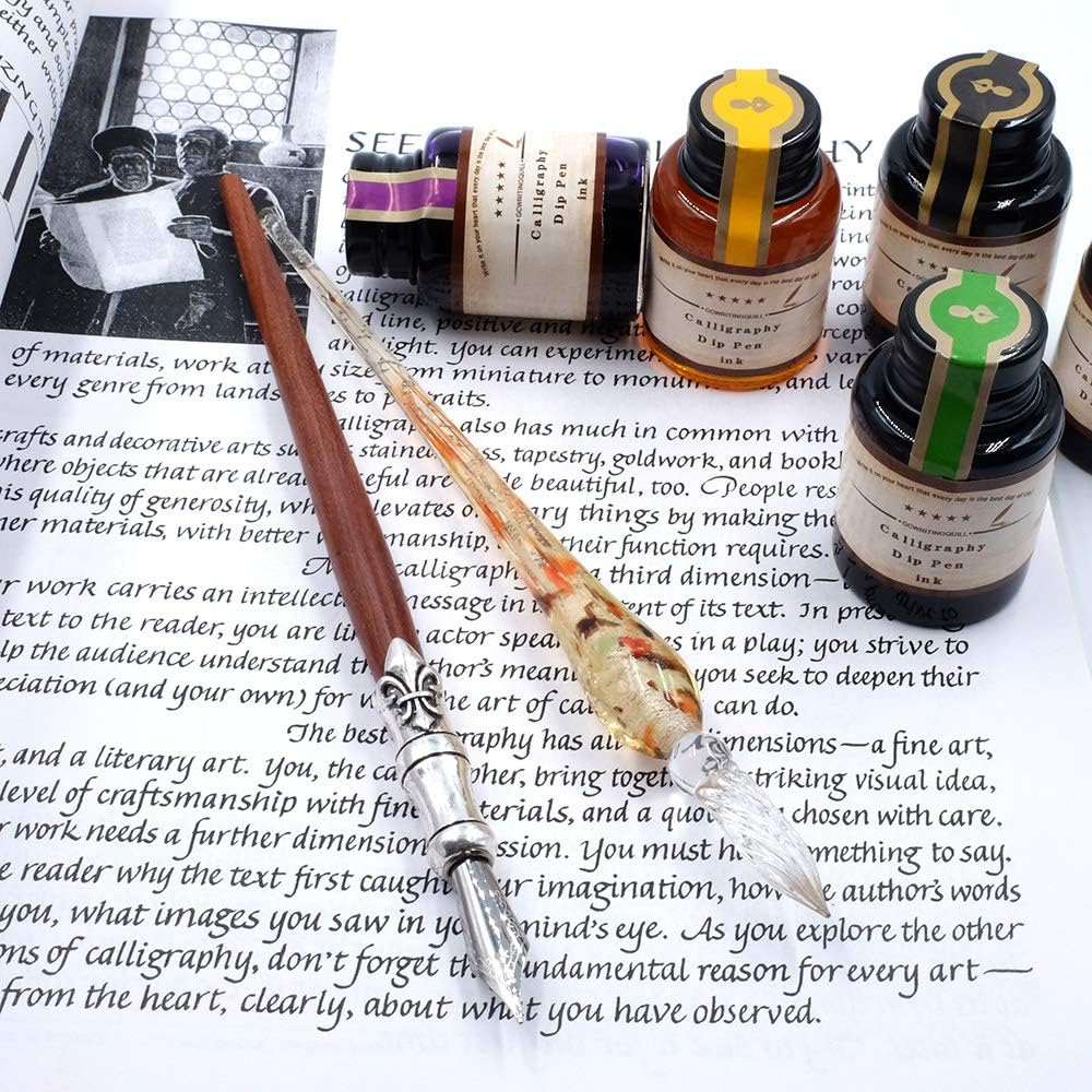 GC QUILL MU-02 Calligraphy Pen Set, Glass Dip Pen and Handcrafted Wooden Dip Pen Gift Set with 5 Colors Calligraphy Ink 6 Nibs, Calligraphy Set for Beginners