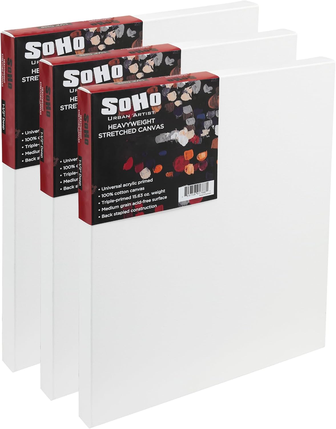 SoHo Urban Artist, 20x24 Heavyweight Stretched Cotton Canvas for Painting - 1.5" Deep- 3 Pack, Triple Primed, 100% Cotton Canvas, Archival, Universal Primed for Oil, Acrylic, Alkyd, Mixed Media