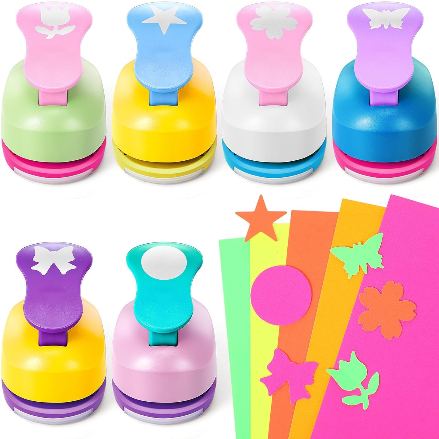 CHENGU 16 Pcs Craft Holes Punch Paper Punchers Scrapbook Punches with Craft Sticker Paper, Round, Star, Square, Heart, Flower, Wave Circle Shape (1 Inch,Fresh Style)