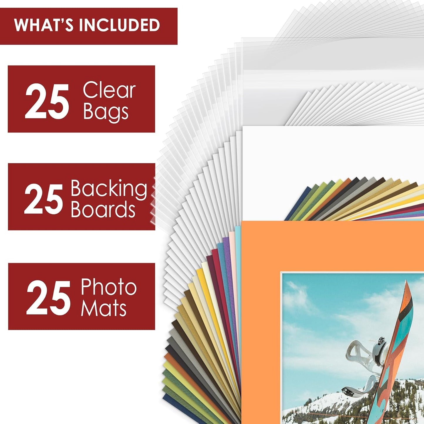 Mat Board Center, Pack of 25, 11x14 for 8x10 Mix Color Picture Mat Sets - Acid Free, 4-ply Thickness, Bevel Pre-Cut White Core - Includes Backing Boards and Clear Bags - for Pictures, Photos, Framing