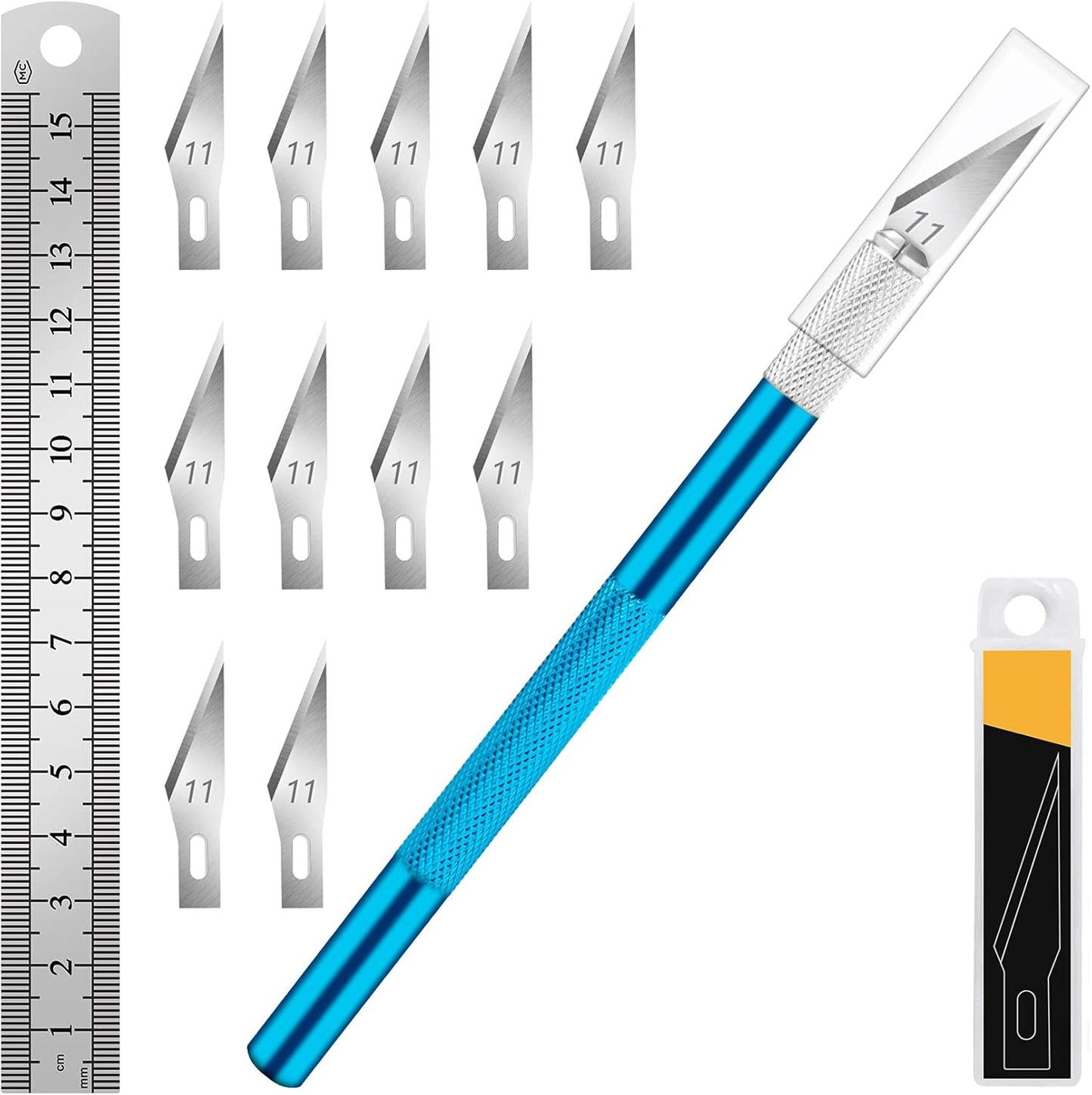 DIYSELF 1 Pcs Craft Knife Hobby Knife with 11 Pcs Stainless Steel Blades Kit, 1pcs Steel 15MM Ruler for Art, Scrapbooking, Stencil(Blue)