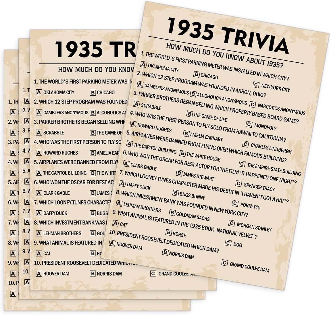 QUPT 90th Birthday Party Games, 1935 Trivia Games, Birthday Party Supplies for Adults, Fun 1935s Party Game，Pack of 30 Cards
