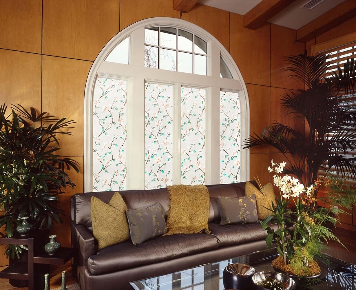 VSUDO Static Cling Decorative Window Privacy Film – Frosted Privacy Window Film with Jasmine Floral & Stained Glass Design, Adhesive-Free Tint for Home, Bathroom & Office (35.4" x 157.5")