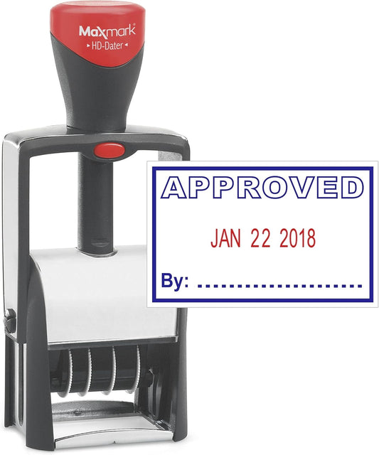 MaxMark Heavy Duty Self Inking Date Stamp with Phrase Approved - 2 Color Blue/Red Ink