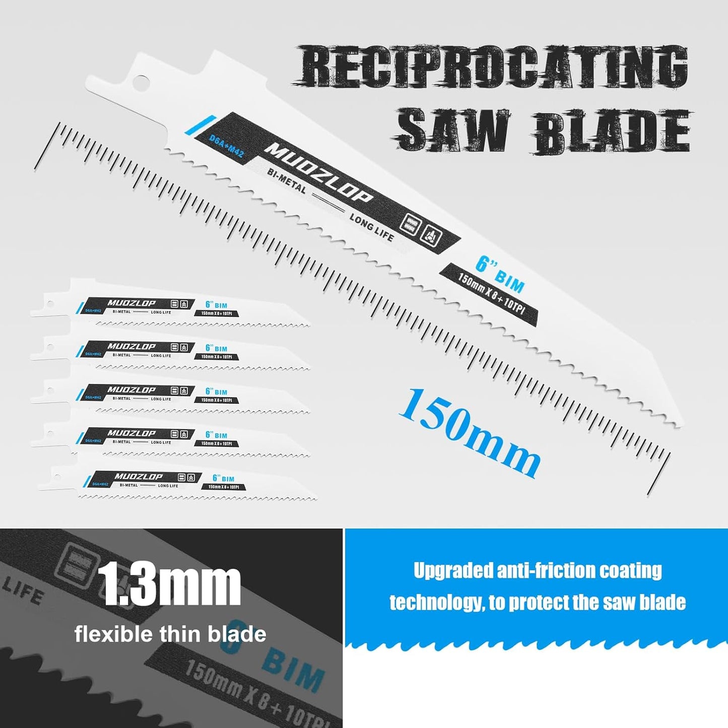 5 Pack 6 inch Reciprocating Saw Blades Set,8+10 TPI High Carbon Saw Blades, Metal Saw Blades with Organizer Case (5, 8+10TPI/150mm)