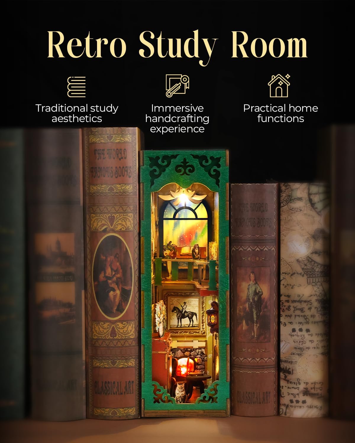 Book Nook Kit,Vintage Library Miniature House Kit for Teens and Adults with LED Lights,3D Wooden Puzzle Tiny House Booknook Bookend Bookshelf Decor Model Build.(Vintage Bookstore