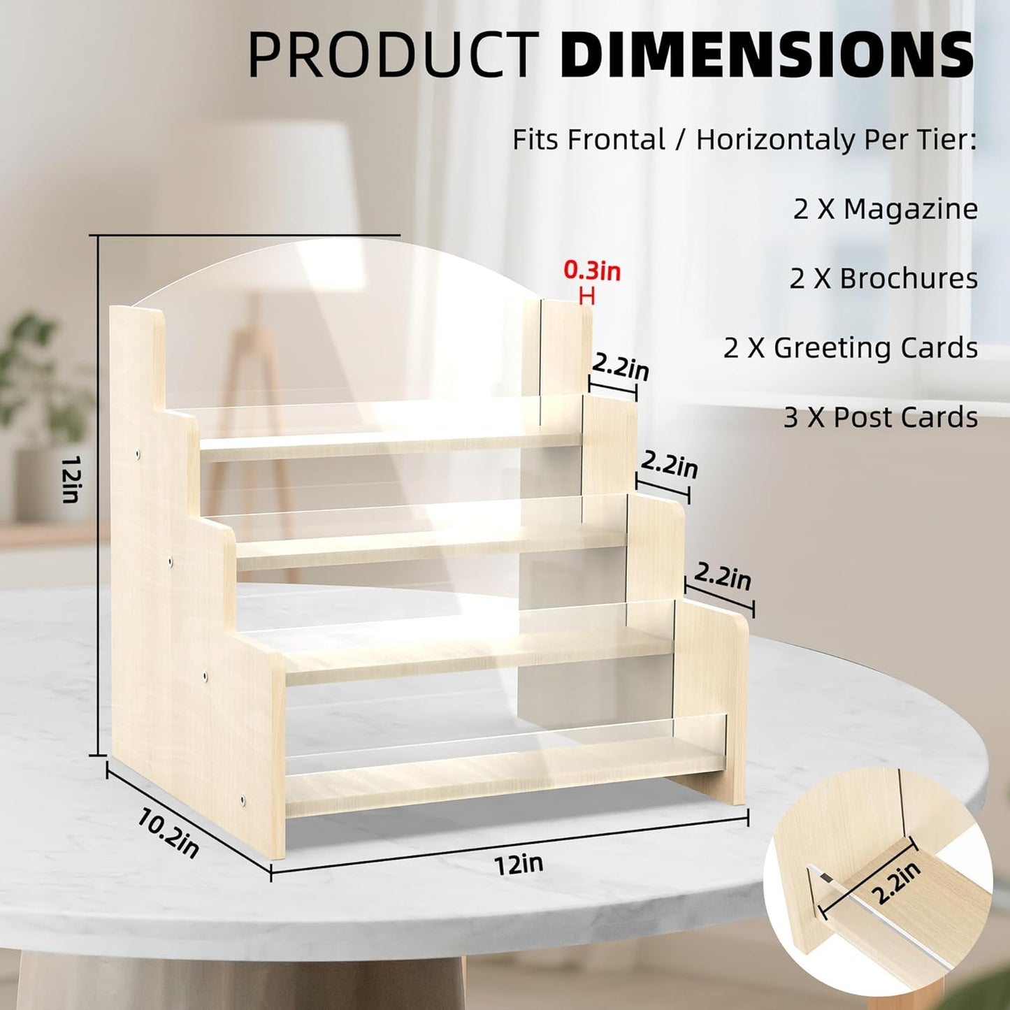 4-Tier Wooden Greeting Card Display Stand, Acrylic Brochure Holder for Retail Counter, Craft Fairs Photo Picture Postcard Organizer Rack, Space-Saving Desktop Display