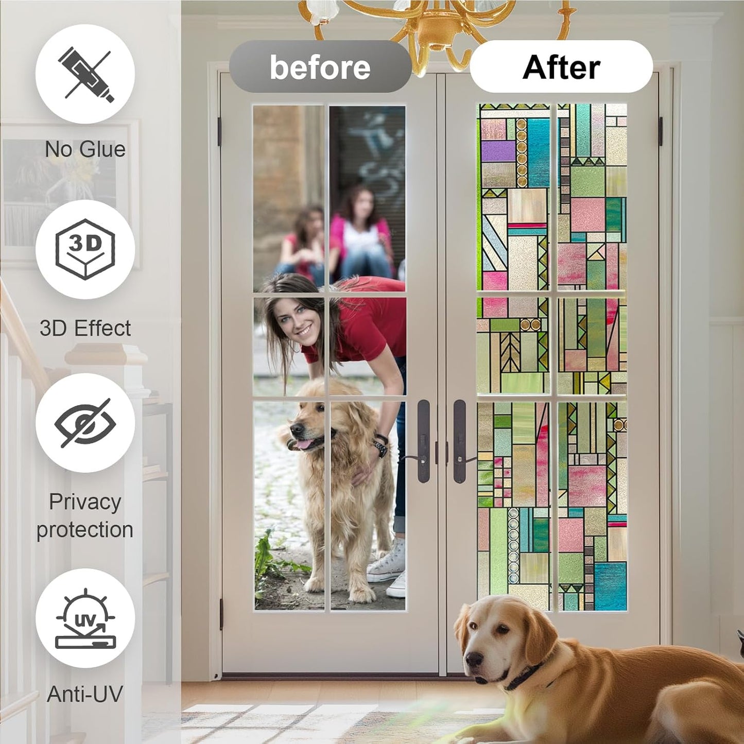 3D Stained Glass Window Privacy Film, Heat Control UV Blocking Static Cling Decorative Window Film for Bathroom,Front Door,Home Non Adhesive,Colorblock 35.4 x 78.7 inches