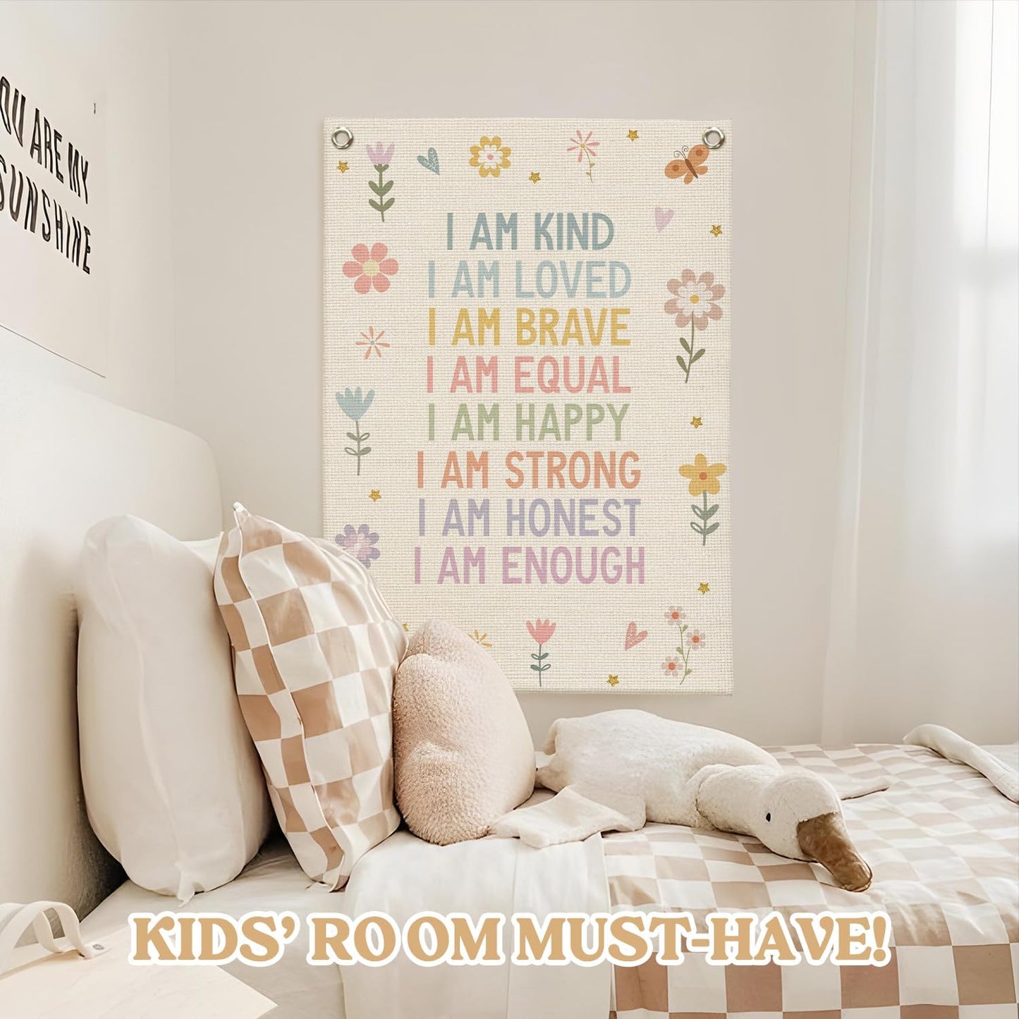 Affirmations Wall Hanging Art for Kids, Flower Wall Art I Am Kind Linen Canvas Banner, Girls Room Decor, Kid's Bedroom, Affirmations Wall Banner, Inspirational Nursery Decor 18x25 Inch