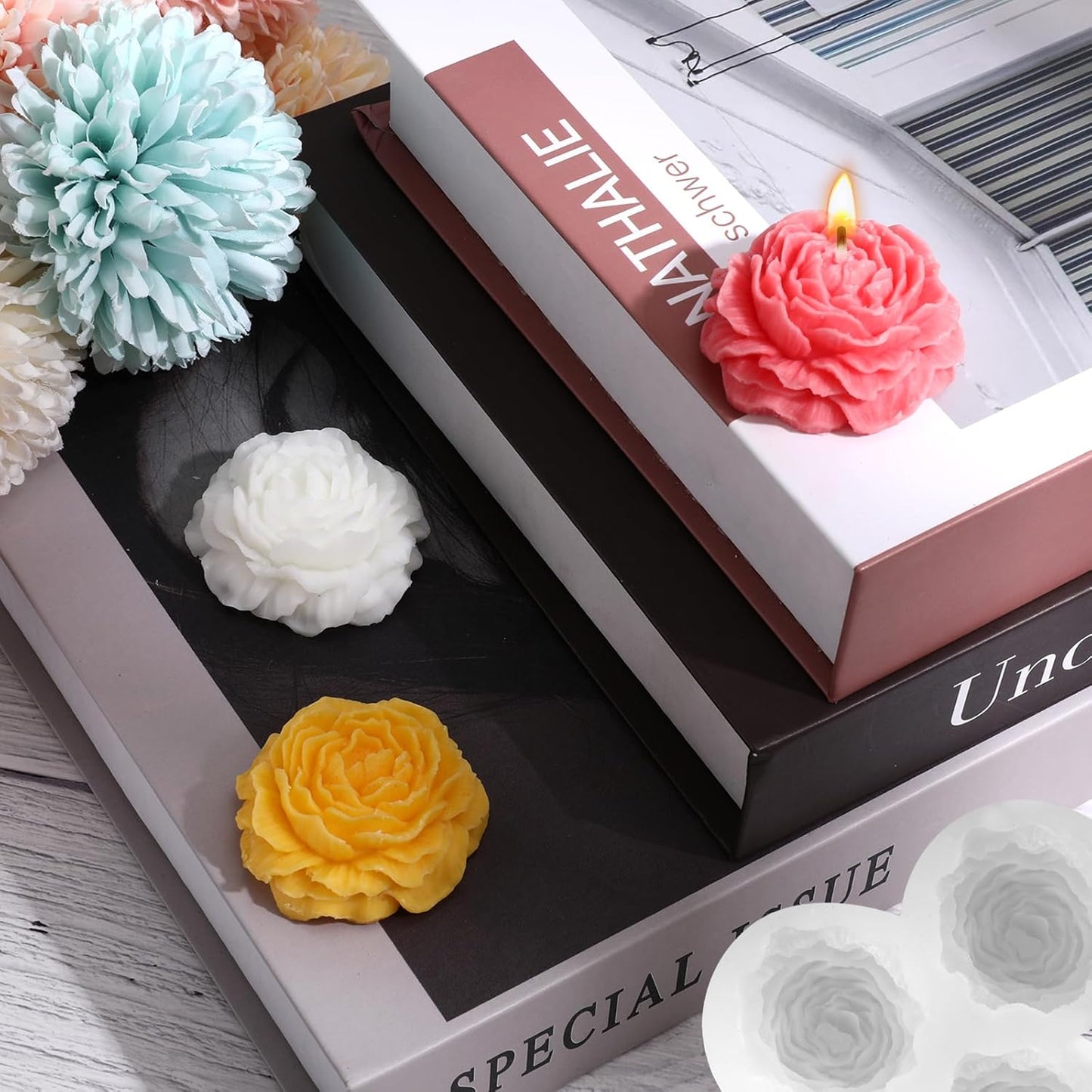 3 Cavity Peony Candle Molds, Silicone Flower Molds for Candles Crafts Casting, 3D Round Candle Making Soap Molds for Epoxy Resin Wax, DIY Handmade Gifts Clay Pop Flower Silicone Mold Home Decoration