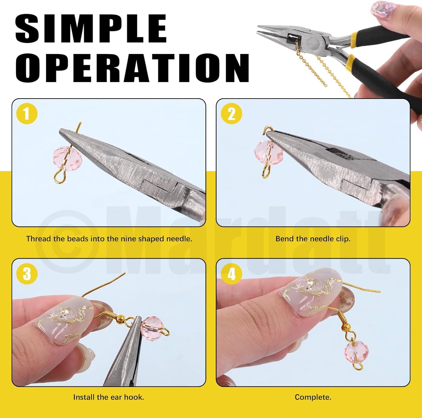 Mardatt 1250Pcs Jewelry Making Supplies Kit Includes 10 Colors 8mm Crystal Beads, Jewelry Pliers, Wires, Jump Ring Opener, Tweezers, Awl, Thimble Ring Jewellry Accessories for Jewellry Repair