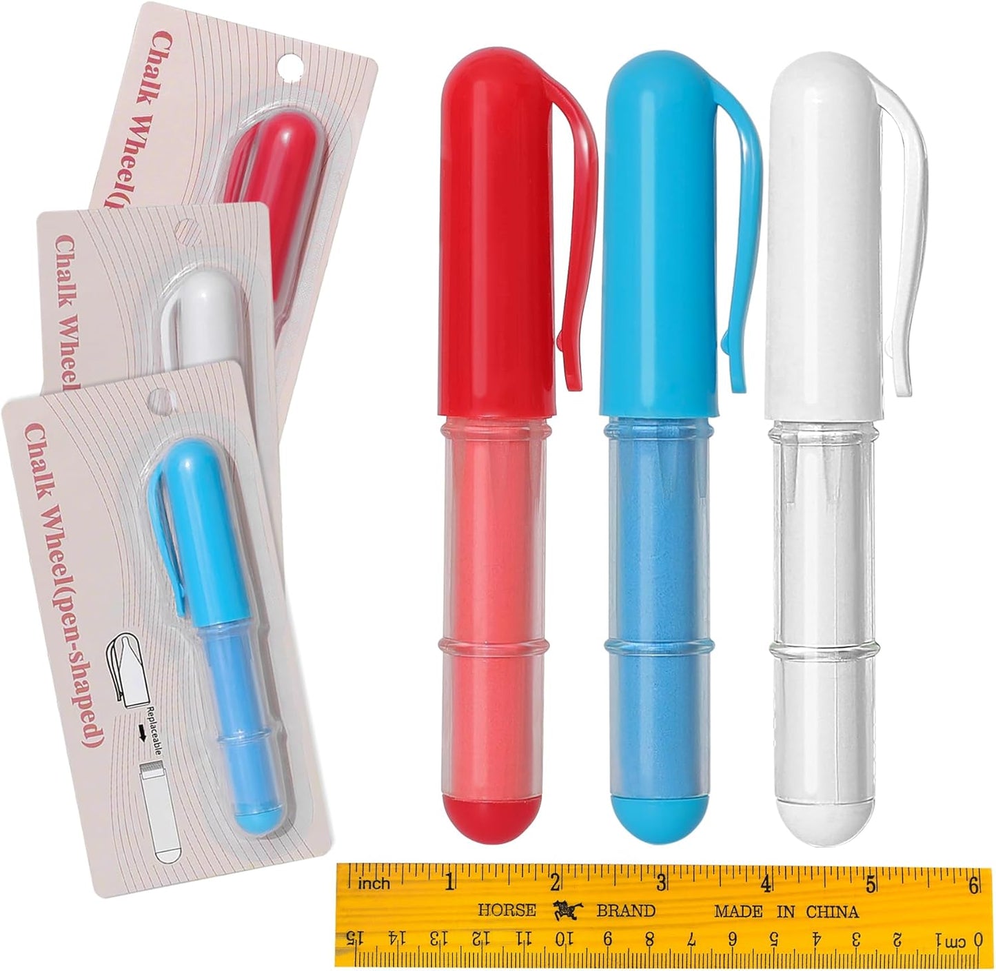 Fabric Chalk Markers for Sewing,Quilting,Crafting|Erasable Tailor’s Chalk|Work on Various Fabrics|Dosing Wheel Drawing Intricate Patterns Precise Lines-Per Pack(Red,Blue,White and 1 Ruler)