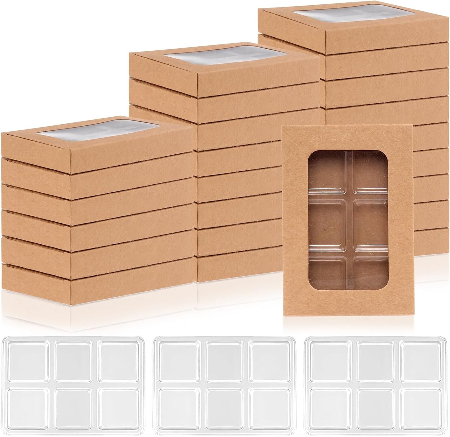 SMAODSGN 50 PCS Gift Boxes for Wax Melts 6 Cavity Plastic Mold with Box Kraft Wax Melt Boxes Crystal Clear Wax Melt Molds Wax Melts Containers for Wax Cubes Wax Tarts Wax Block(4 * 2.8 Inch)