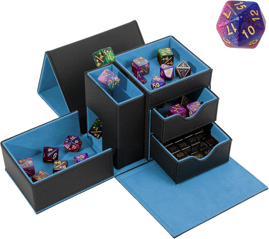 Dice Tray & Dice Tower Storage Box, 3 in 1 Dice Holder Case (Dice Rolling Tray, Dice Rolling Tower, Dice Storage Drawers), Leather Magnetic Closure DND Accessories Gifts for RPG MTG, Black/Blue