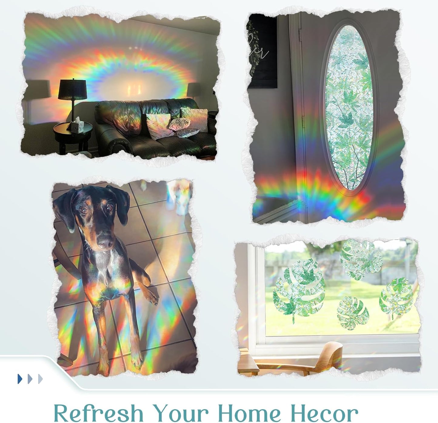Haton Window Privacy Film, Decorative Stained Glass Window Clings, 3D UV Sun Blocking Sticker, Removable Static Cling Heat Control Tint for Home Door, Leaf Rainbow, 35.4" x 157.4" Non-Adhesive