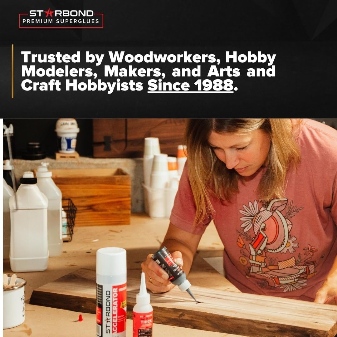 Starbond 2 oz Thick CA Glue with 6 oz Aerosol Activator Bundle Premium Cyanoacrylate Super Glue for Mitre Joint Bonding, Woodworking, Carpentry, Archery Fletching