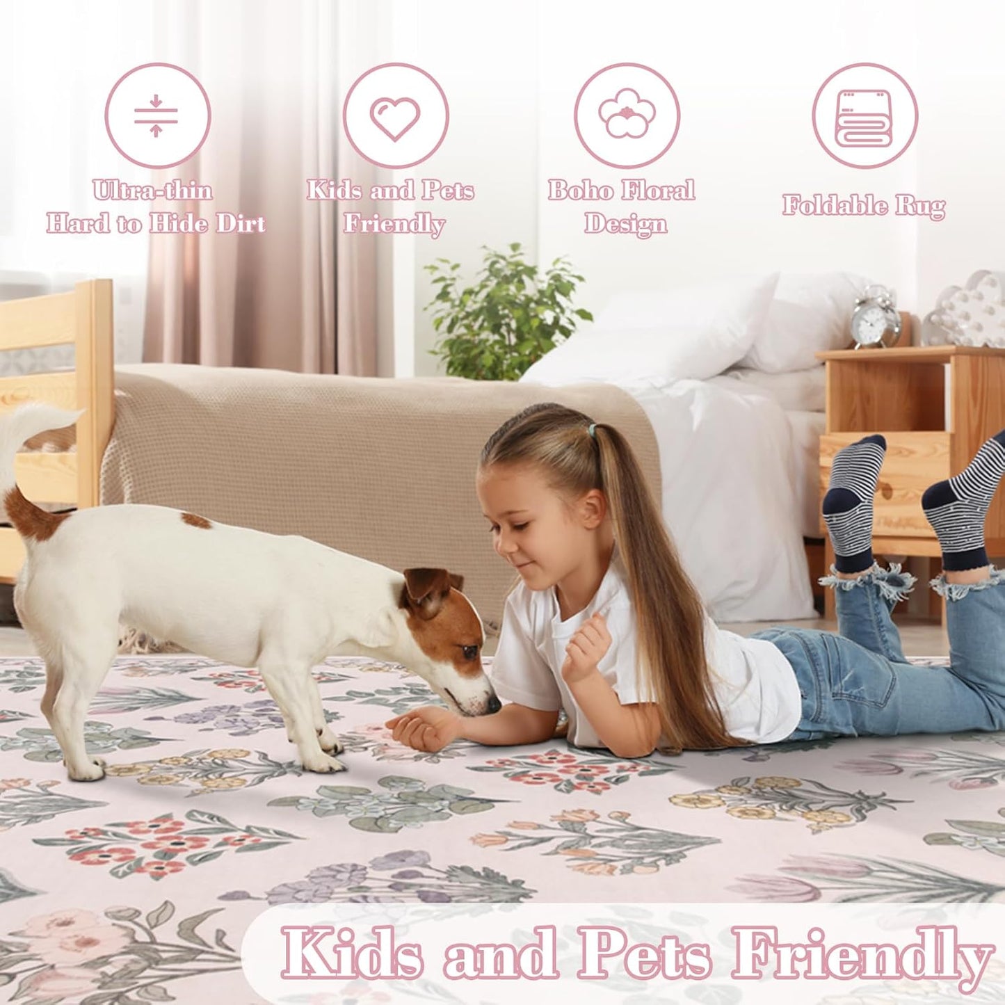 Wonnitar Boho Floral 3x5 Washable Rug, Ultra-Thin Pink Small Rugs for Bedroom, Soft Non Slip Moroccan Throw Carpet for Nursery Girls Bedside Dorm Room Decor, Pale Pink