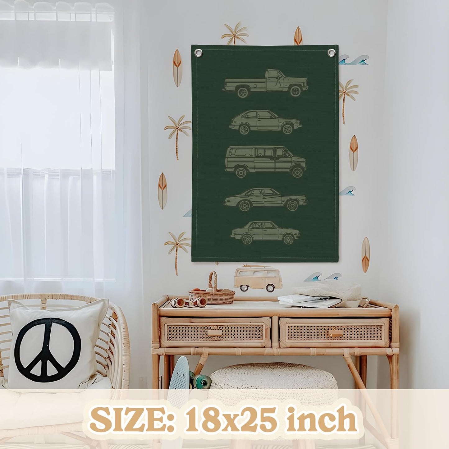 Toddler Boy Room Decor,Car Room Decor Linen Canvas Banner,Retro Car Wall Hanging Flag Banner for Little Boy Bedroom,Playroom Nursery 18x25 Inch