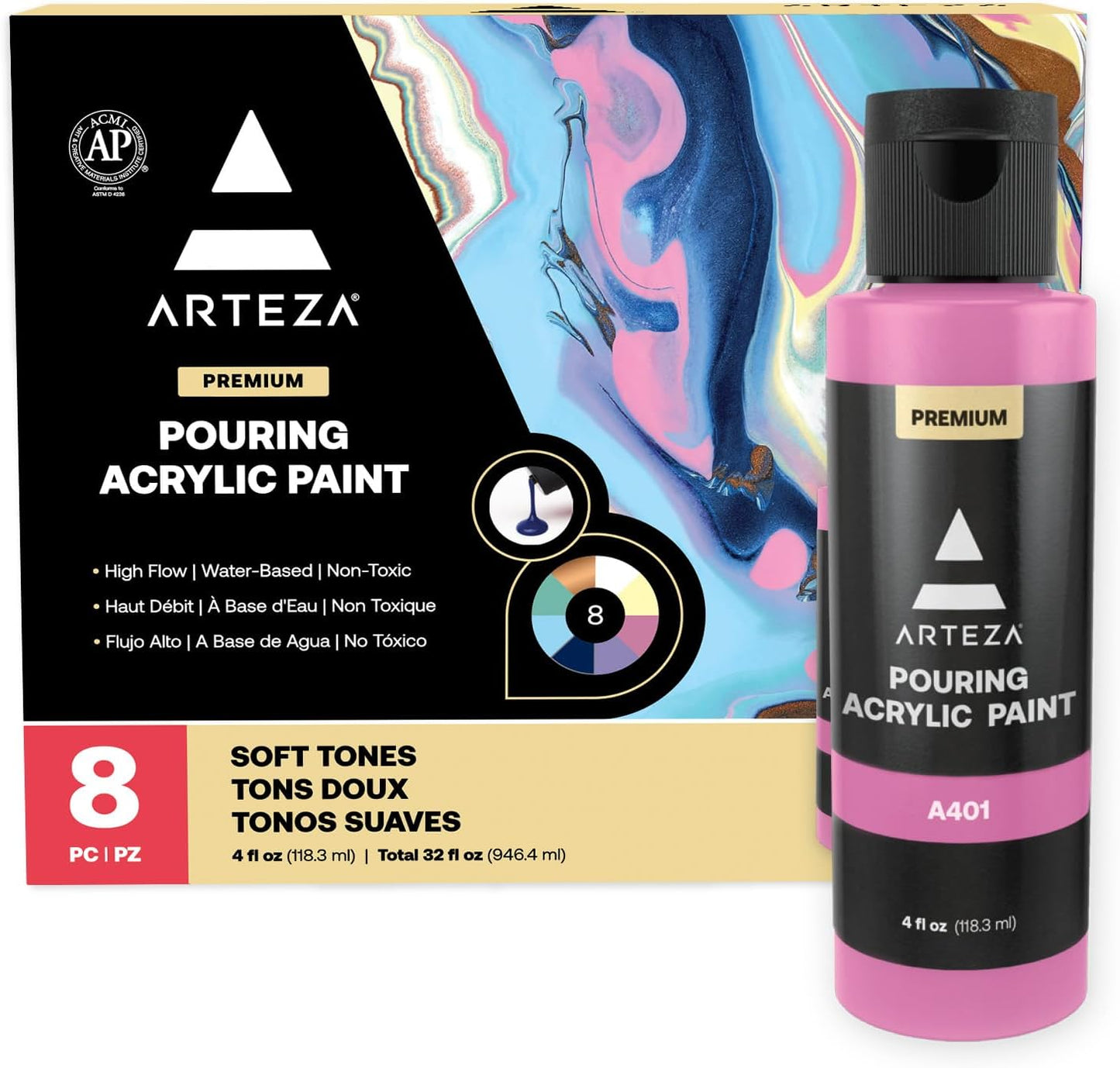 ARTEZA Acrylic Pouring Paint Set, 8 Pastel Colors, 4 oz Bottles, High-Flow Paint, No Mixing Needed, Art Supplies for Canvas, Glass, Paper, Wood, Tile, and Stones