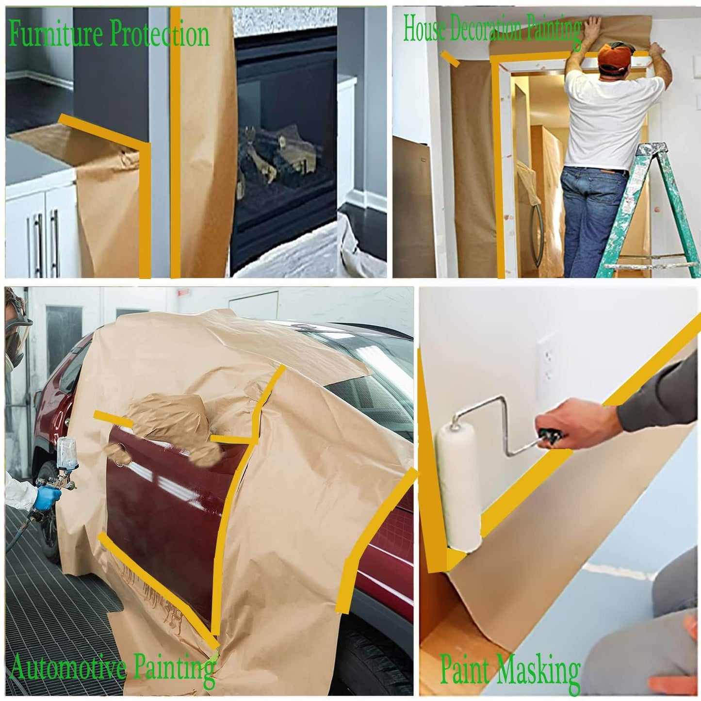 Masking Paper, Paint Masking Paper with Adhesive,20 Inch x 50 Feet Painters Paper Roll, Tape and Drape Painters Paper, for Auto Body Masking, Wall Covering and Paint Masking (2Rolls)