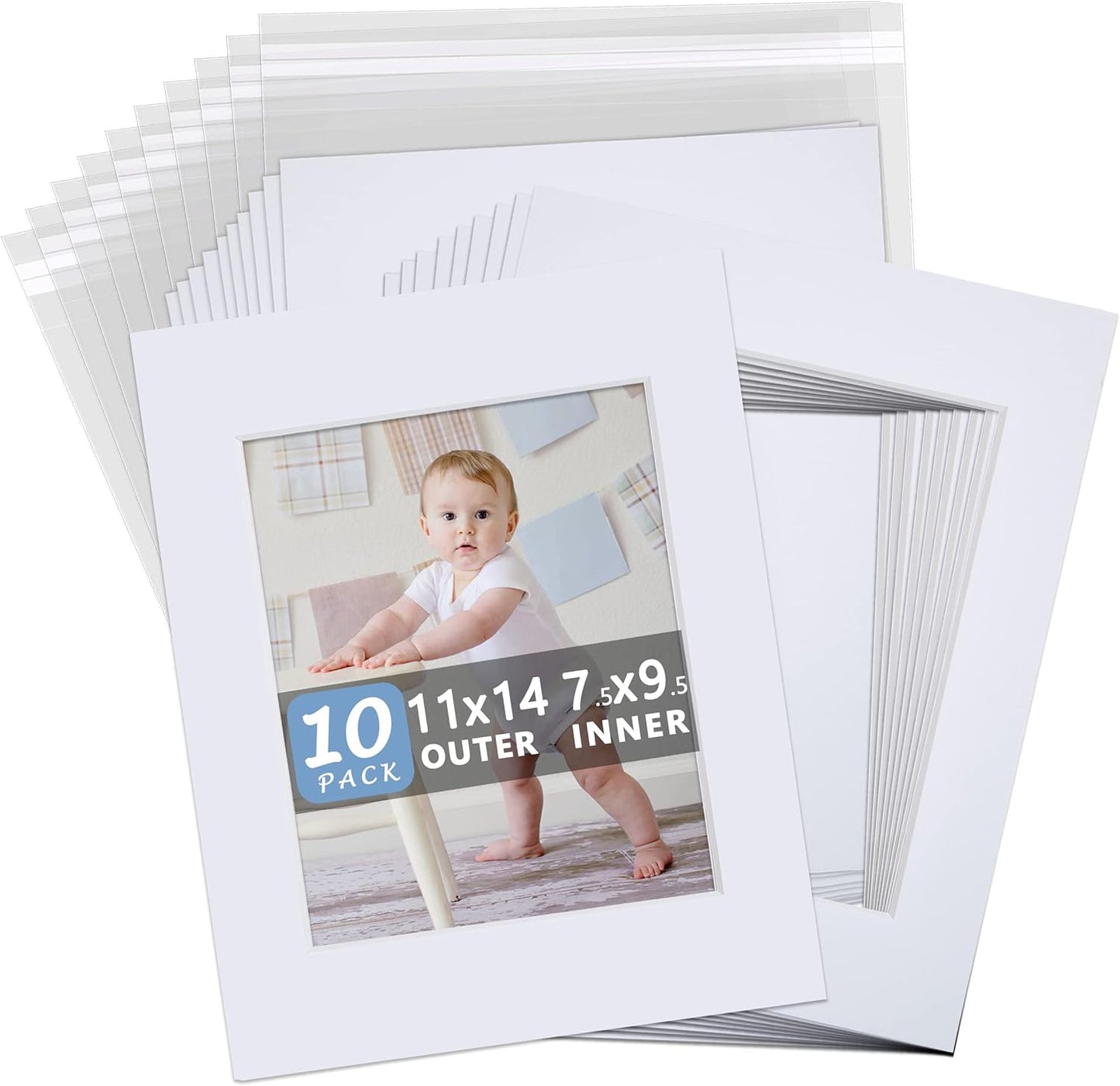 Somime 10 Pack White Photo Mats 11x14 for 8x10 with Core Bevel Cut Matte Sets, Acid Free Mat Board for Picture Frame, Photos, 11x14 Mat - Includes Pre-Cut Mats, Backing Boards and Clear Seal Bags