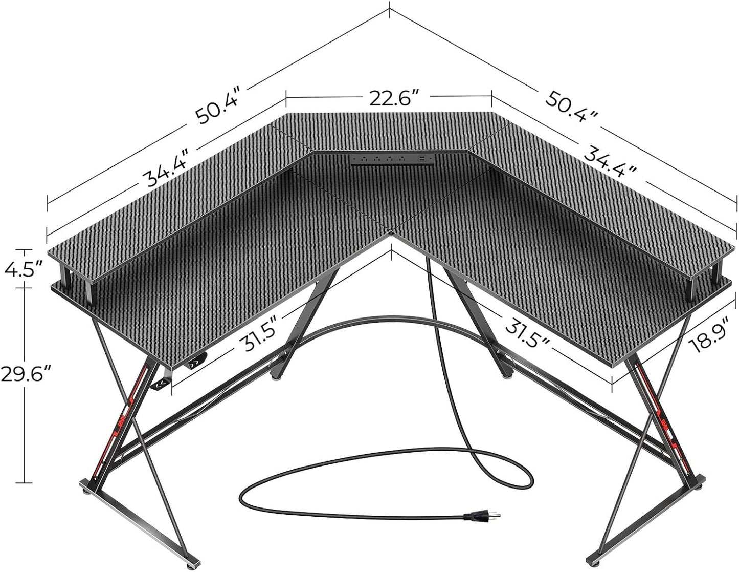 SEVEN WARRIOR L Shaped Gaming Desk with LED Lights & Power Outlets, 50.4” Computer Desk with Monitor Stand, Corner Desk with Carbon Fiber Surface, Gaming Table with Hooks, Black