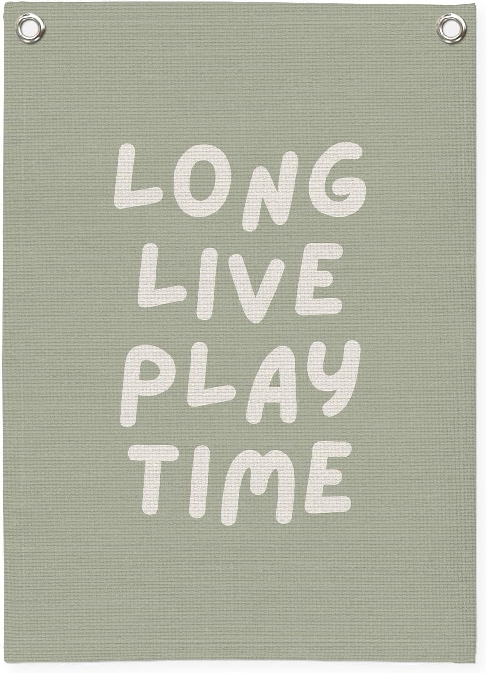 Playroom Decor,Long Live Playtime Wall Hanging Linen Banner,Sage Green Striped Wall Flag for Kids Room Nursery Playroom Decor,18x25 Inch