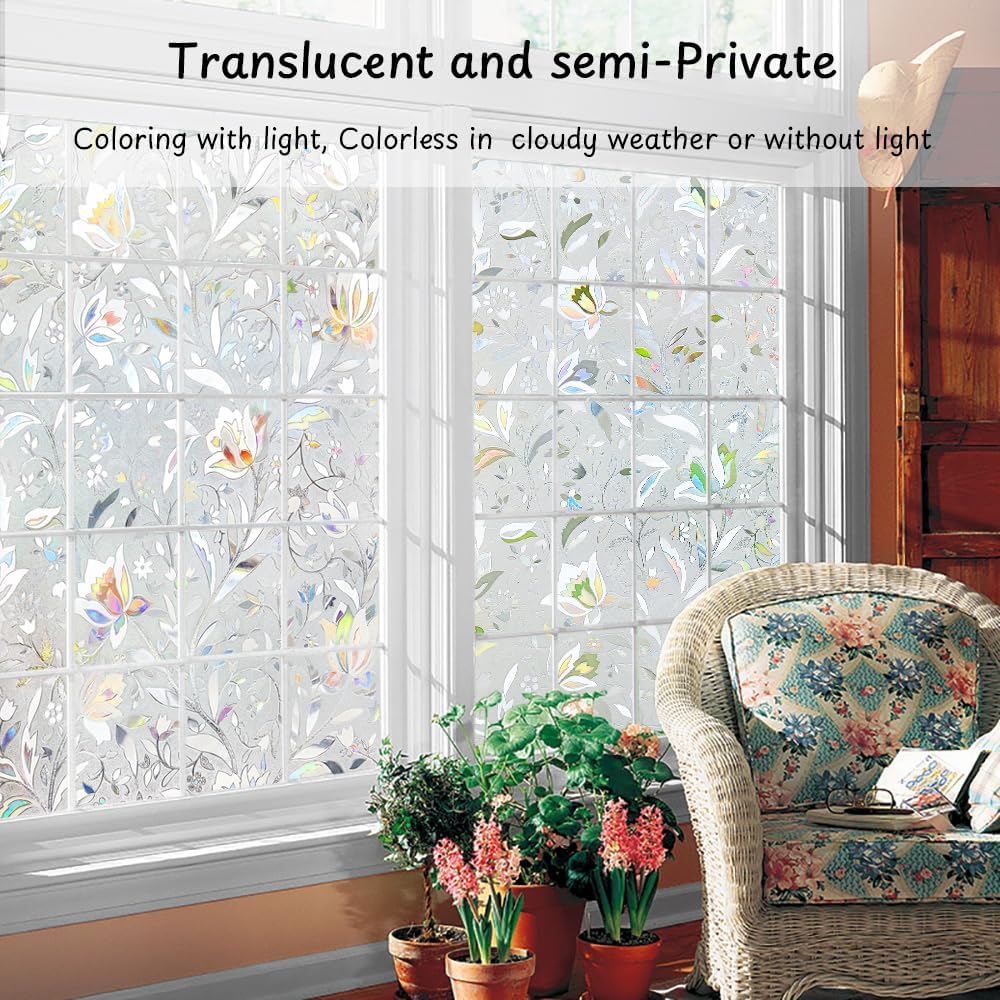 NINETREX Window Privacy Film,3D Stained Glass Window Film,Decorative Window Covering Sun Blocking Vinyl Static Cling Anti-UV Heat Control for Home Decor,Tulip 23.6 x 78.7inch