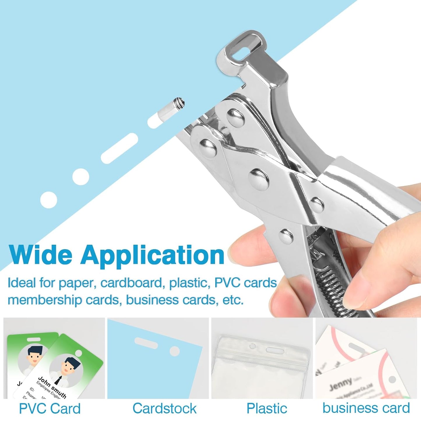 2 in 1 Badge Slot Hole Punch for ID Cards, Heavy Duty Hand Punch Metal Hole Puncher for PVC Material, Business Cards, Paper and Cardstock (5mm Round Hole &13mm X 3mm Slot Hole, Silver)