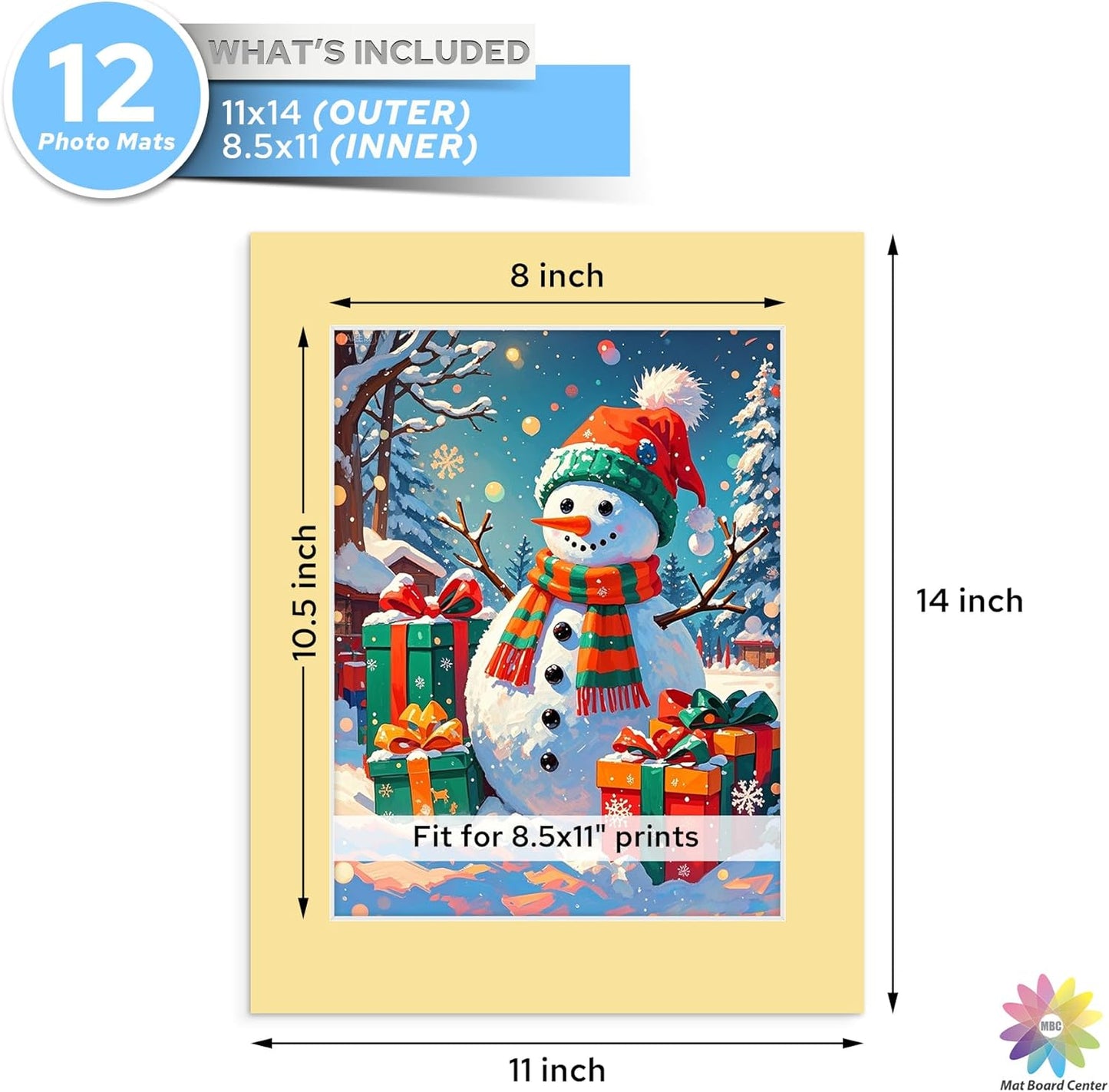Mat Board Center, 11X14 Mix Color Mats for 8.5X11 Pictures - Acid Free, 4-Ply Thickness, White Core, Bevel Cut - for Artworks, Photos, Framing - Pack of 12
